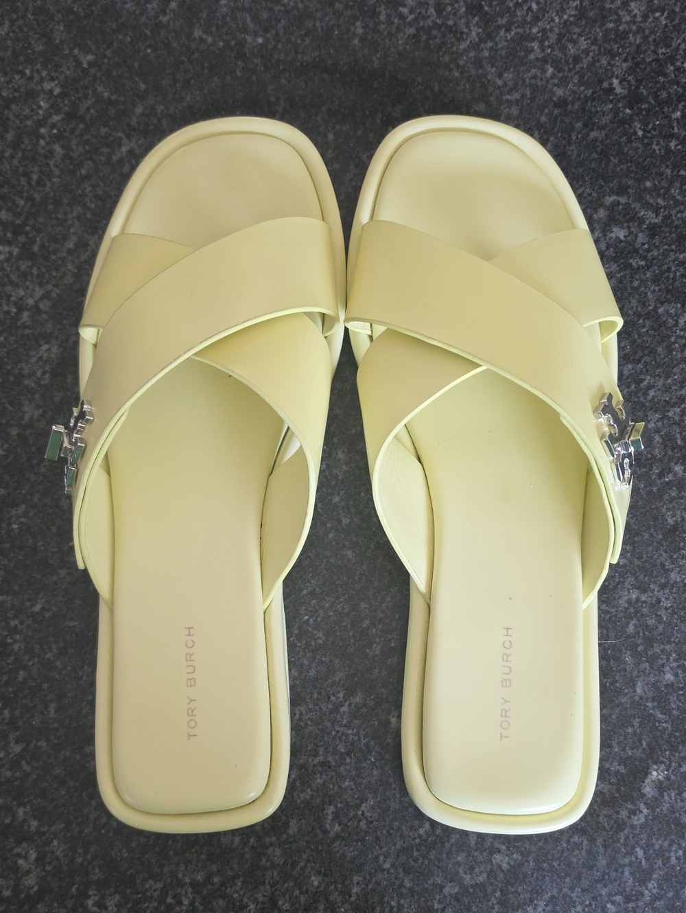 Tory Burch Pale Yellow Crisscross Slide Sandals